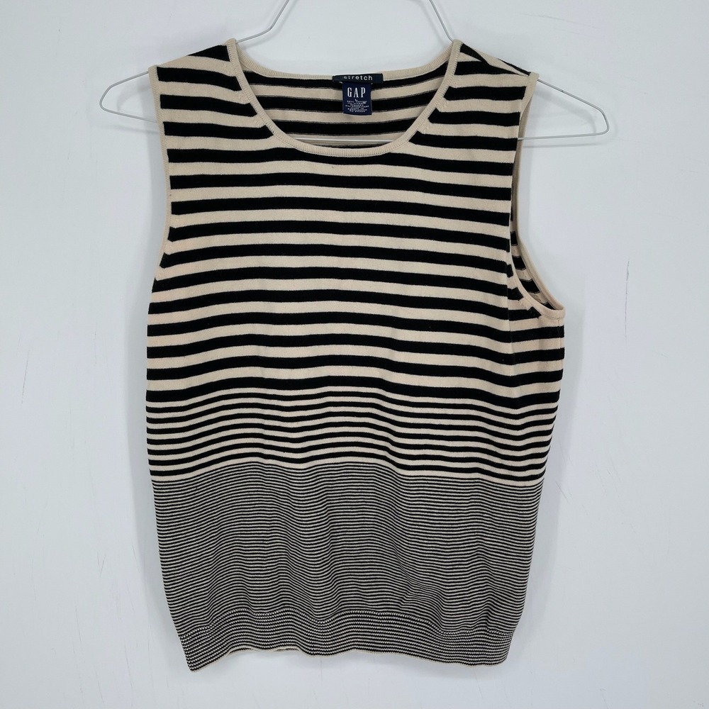 GAP Women's Y2K Beige Black Striped Stretch Knit Shell Sweater Tank Top Size L